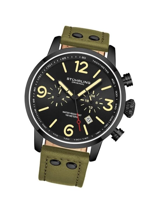 NWT Stuhrling Original Aviator Chronograph Quartz Black Dial Men\'s Watch